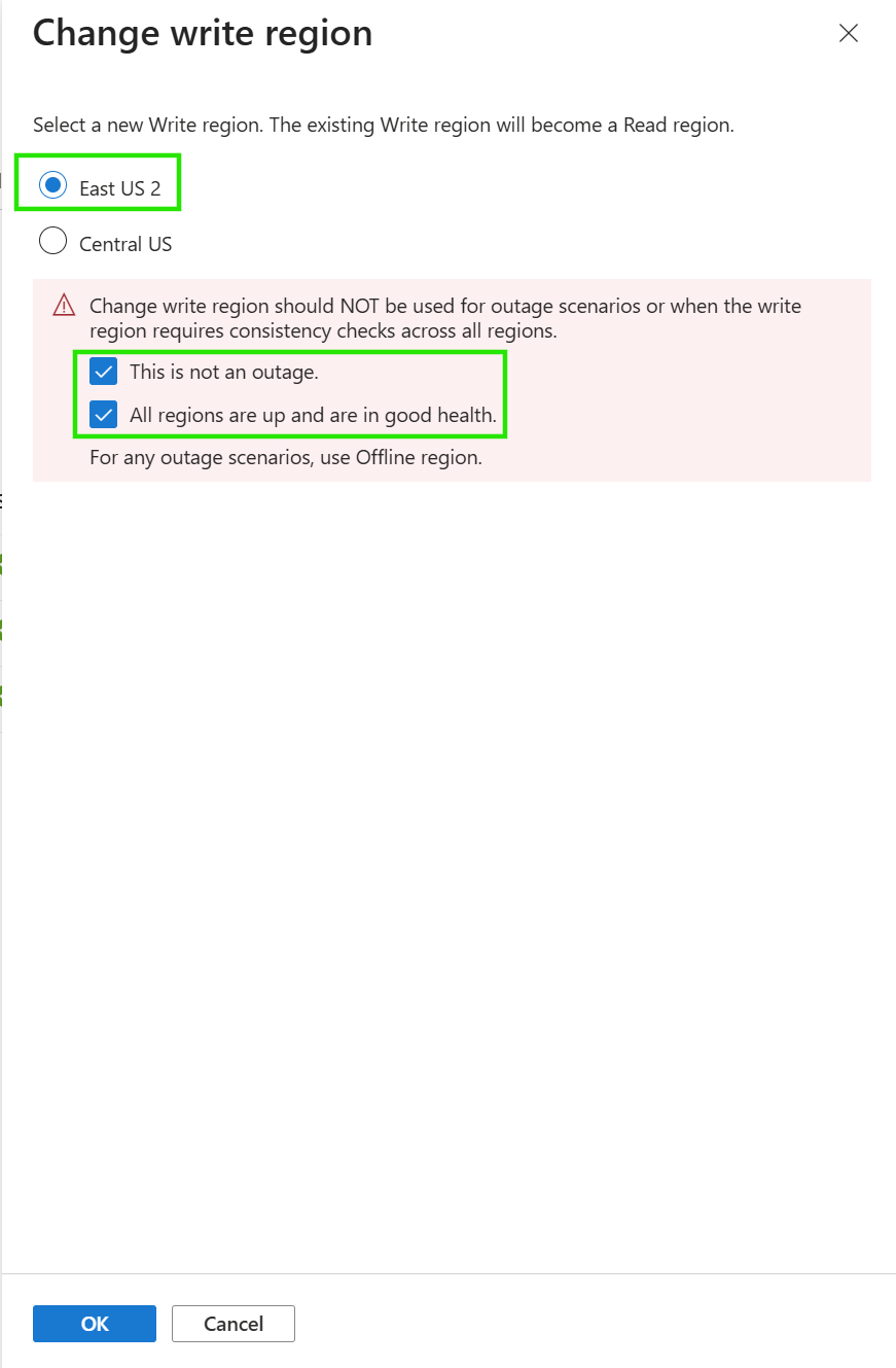 Screenshot of the change write region confirmation.