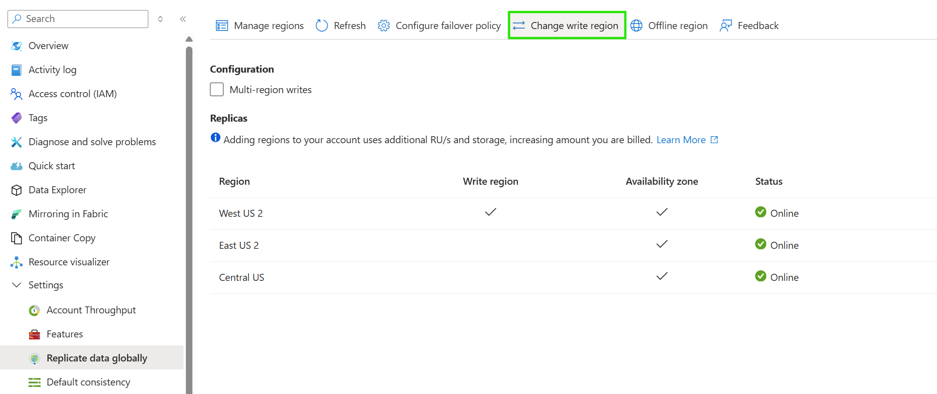 Screenshot of the change write region menu.