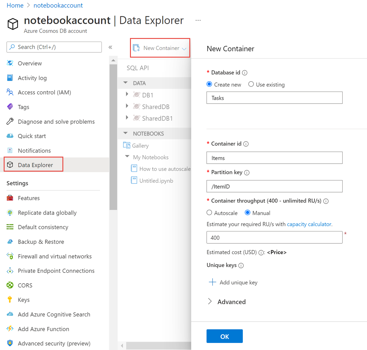 Screenshot of Data Explorer, with New Collection highlighted