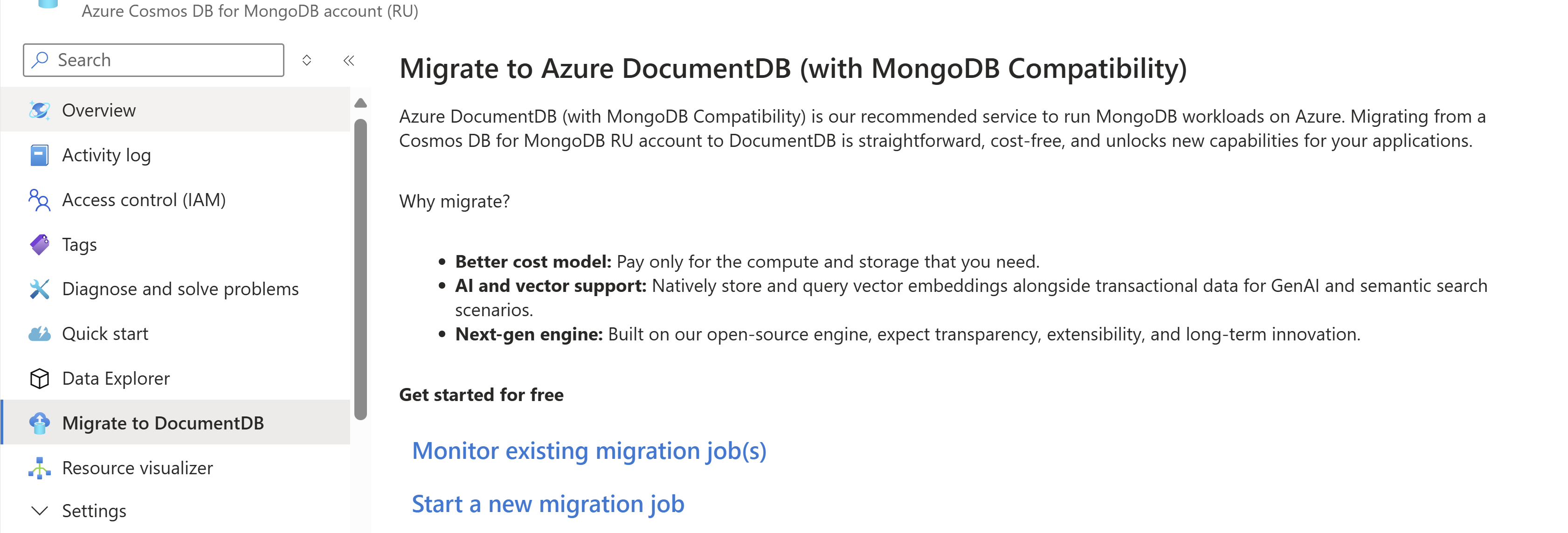 Screenshot of home page in the migration to DocumentDB workflow.