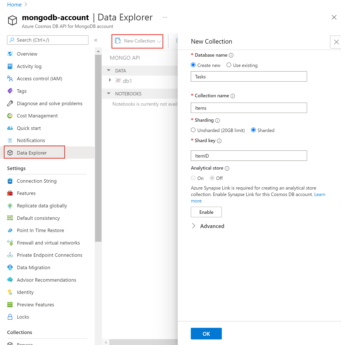 Screenshot of Data Explorer, when creating a new collection with database level throughput