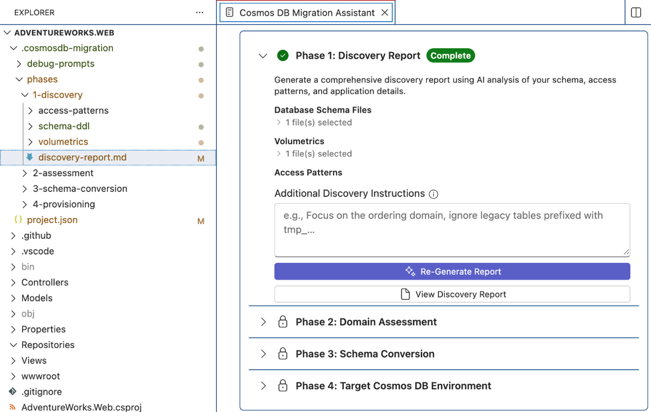 Screenshot of phase 1 Discovery showing completion status with options to view the discovery report, option to re-generate it and the link to the discovery report in file explorer.