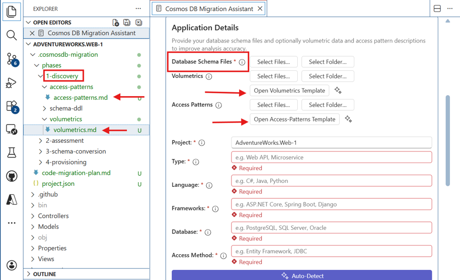 Screenshot of phase 1 discovery section showing file explorer folders containing mandatory input schema-ddl files as well as optional access-patterns, volumetrics artifacts and sample markdown template files.
