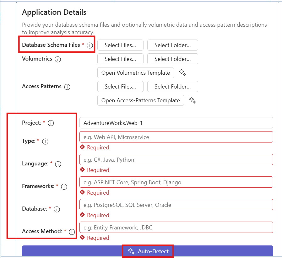Screenshot of phase 1 discovery database schema upload section showing Database Schema folder or Files Upload options and Application information fields section with an optional Auto-Detect button.