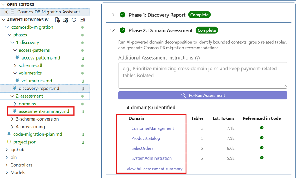 Screenshot of phase 2 showing Domain Assessment section completed with the table listing four identified domains, tables, code mapping details and the assessment summary document link in the file explorer.