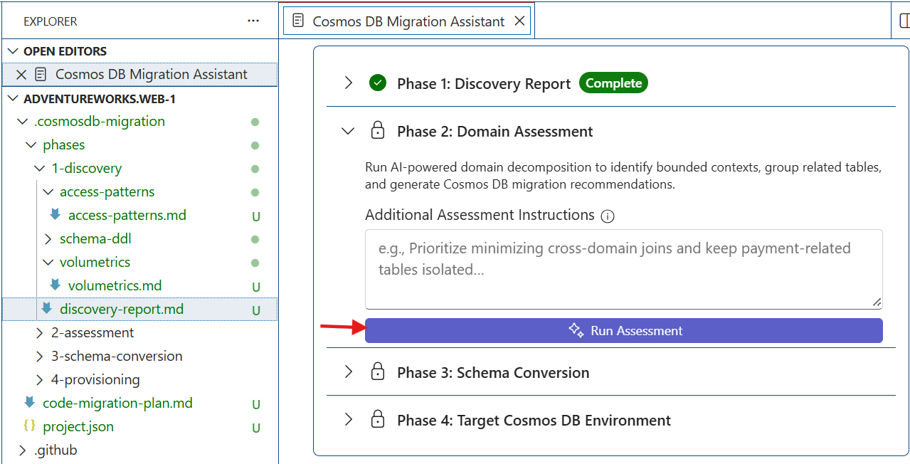 Screenshot of phase 2 showing Domain Assessment section using generated discovery report with the Run Assessment button.