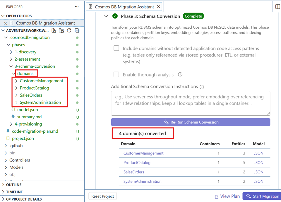 Screenshot of phase 3 showing Schema conversion summary section showing converted domains to Cosmos DB NoSQL schema and domain-container mapping.
