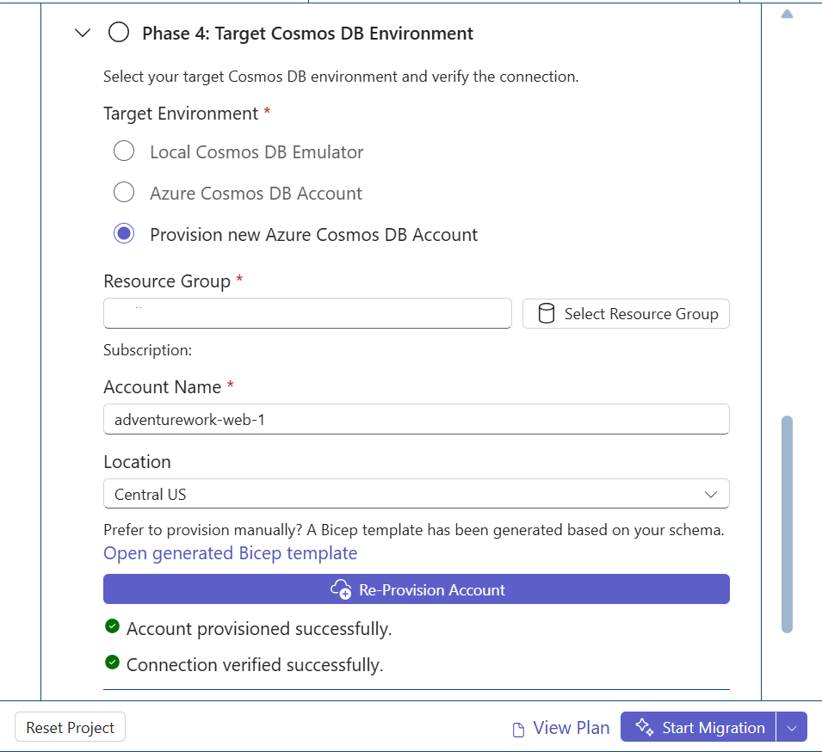 Screenshot of phase 4 showing Provisioning target Azure Cosmos DB environment with options to select Local Cosmos DB Emulator, an existing Azure Cosmos DB Account, or provisioning a new Azure Cosmos DB account, including successful verification checkmark.