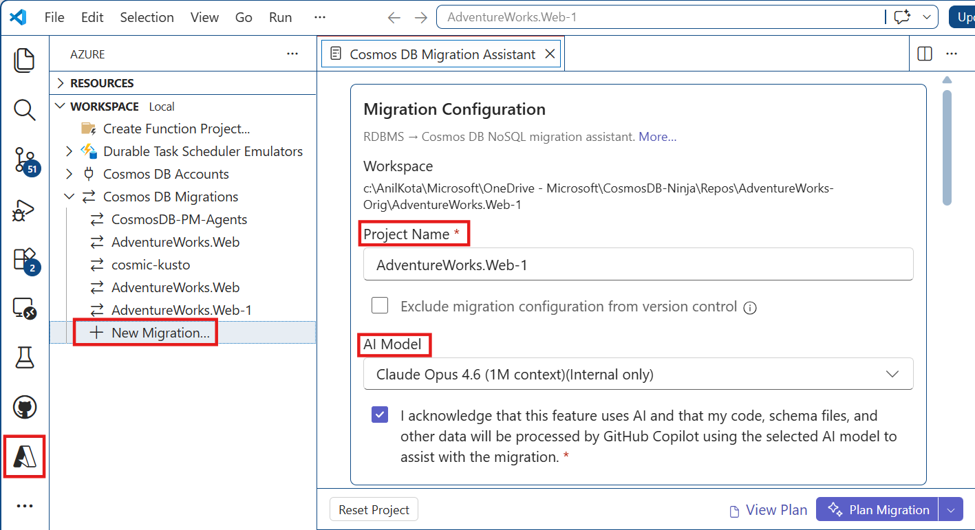 Screenshot of Azure Cosmos DB Migration Assistant configuration panel in VS Code Studio Azure workspace showing initial dialog with the project name and AI model selection.