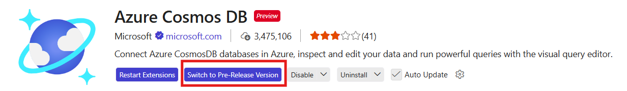 Screenshot showing the Switch to Pre-Release Version option in Visual Studio Code for the Azure Cosmos DB extension.