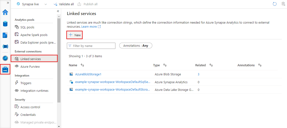 Screenshot showing the Synapse Studio Manage tab with linked services and the New button highlighted.