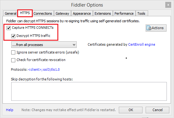 Screenshot of Fiddler options.