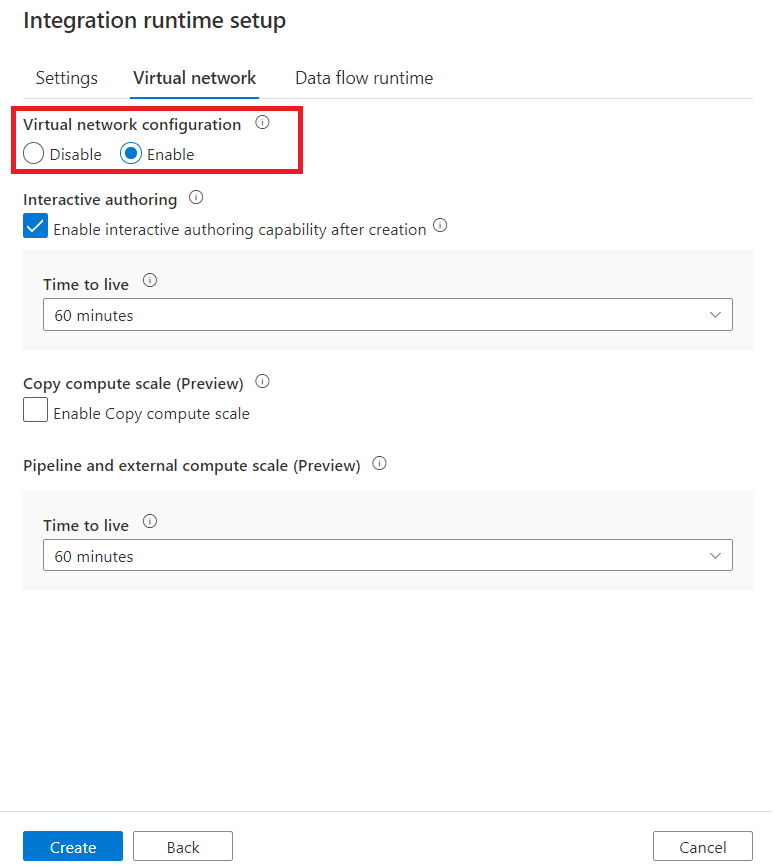 Screenshot of enabling managed virtual network in integration runtime.