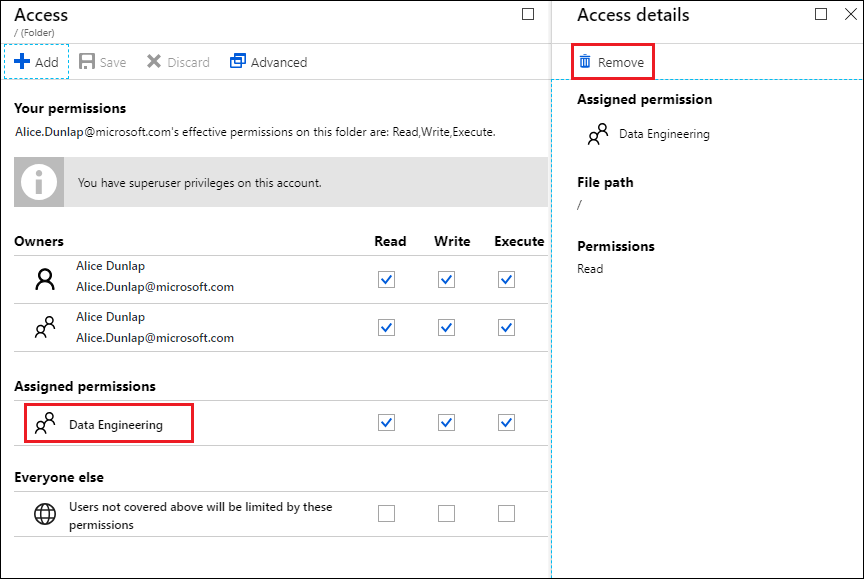 Assign permissions to group Screenshot of the Access blade with the Data Engineering option called out and the Access details blade with the Remove option called out.