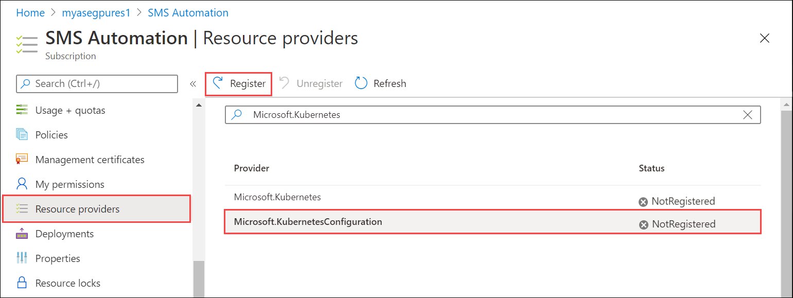 Screenshot of register Kubernetes resource providers 2.