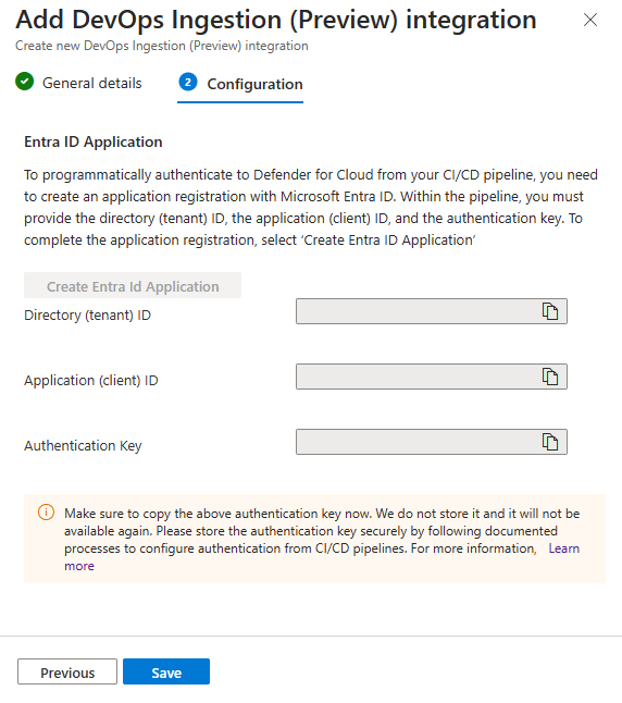 Screenshot of the success confirmation panel displaying Client ID, Client Secret, and Tenant ID.