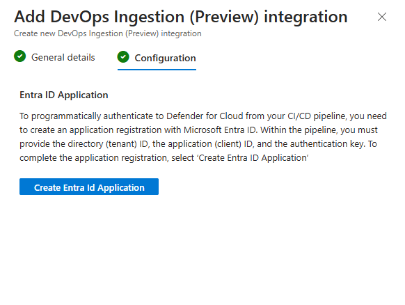 Screenshot of the completed DevOps ingestion configuration showing generated client and secret values.