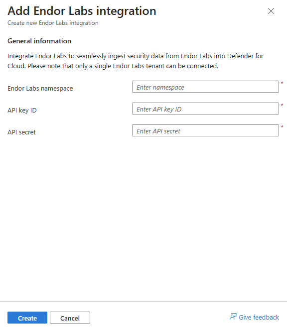 Endor Labs integration form with Namespace, API key ID, and API secret fields.