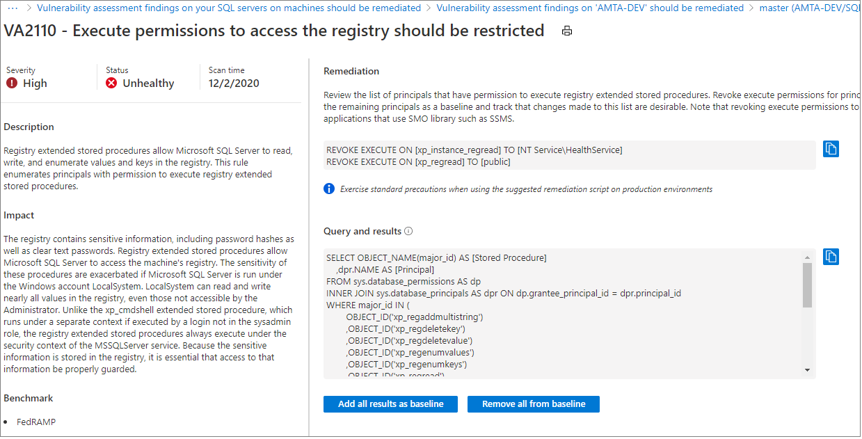 Screenshot of vulnerability assessment results page where you can mark findings as an acceptable baseline for your environment.