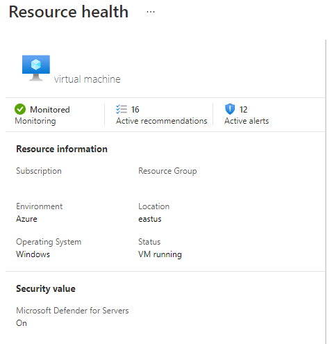 The left pane of Microsoft Defender for Cloud's resource health page shows the subscription, status, and monitoring information about the resource. It also includes the total number of outstanding security recommendations and security alerts.