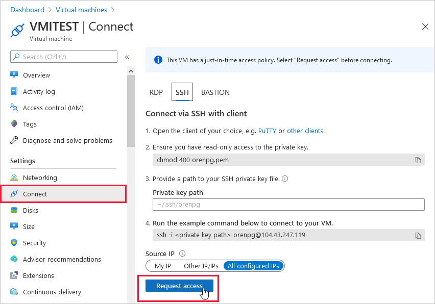 Screenshot of a just-in-time VM access request showing selected ports and access duration.