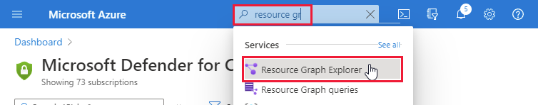 Screenshot of the Azure portal showing how to open Azure Resource Graph Explorer from search results.