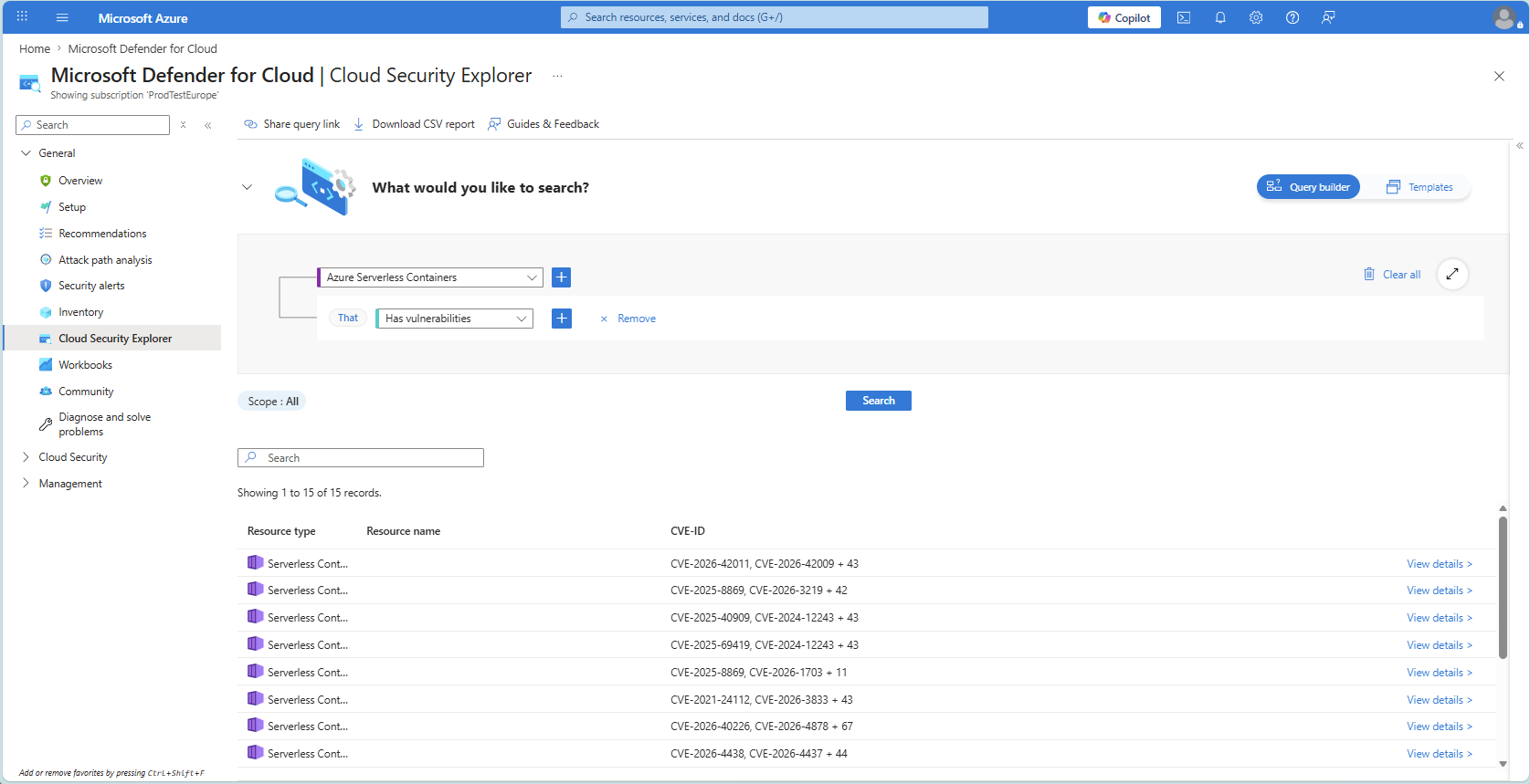Screenshot showing the Cloud Security Explorer query view with filters and query results for serverless container posture findings.