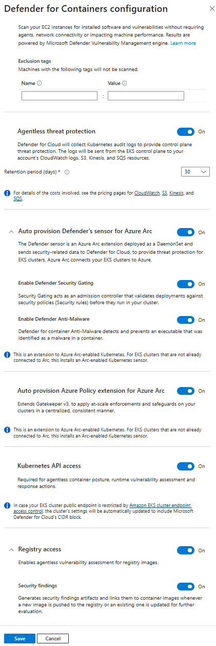 Screenshot of the Defender for Containers plan selection for an AWS environment.