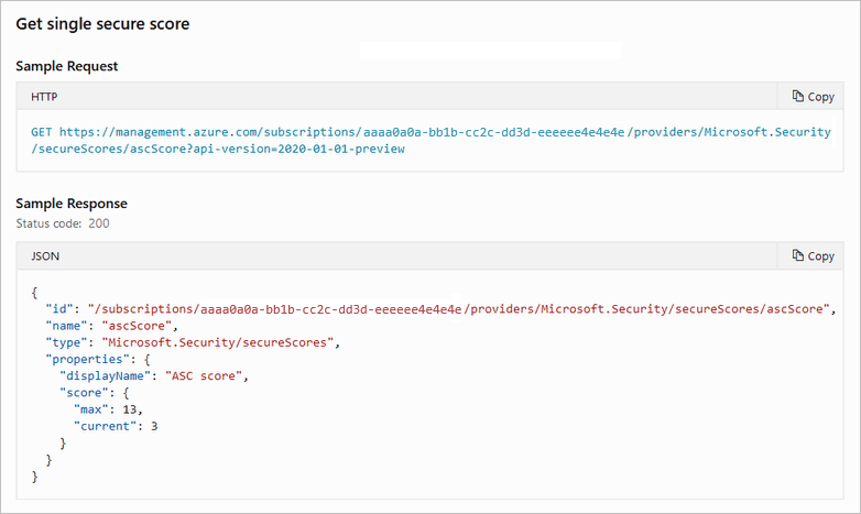 Screenshot that shows retrieving a single secure score via the API.