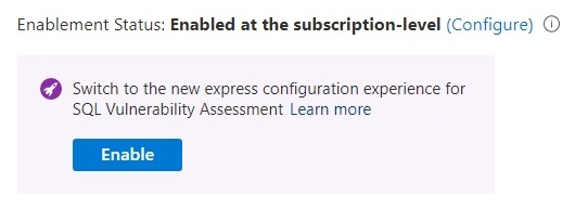 Screenshot showing the migrate notice to switch from classic to express vulnerability assessment configuration in the Defender for Cloud settings pane.