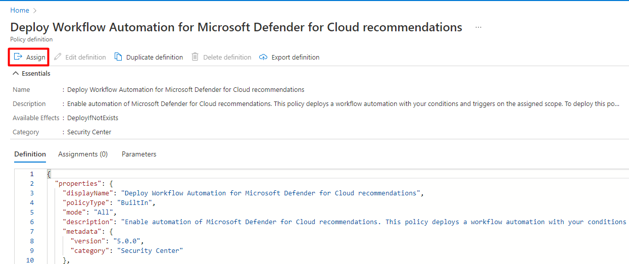 Screenshot of the Azure Policy page with the Assign option highlighted.