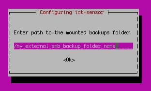 Screenshot of the sensor configuration dialog with the mounted backups folder path entered.