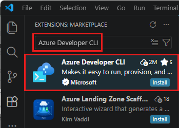 Screenshot of Visual Studio Code, showing the Extensions pane with the Azure Developer CLI extension and Install highlighted.