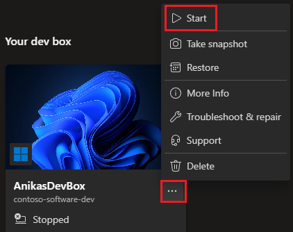 Screenshot of the developer portal showing the actions menu for a stopped dev box.