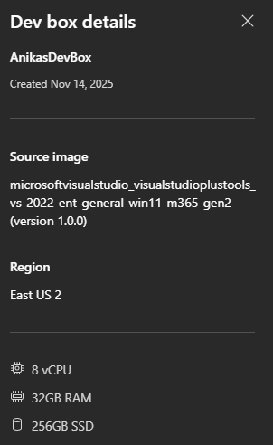 Screenshot of the dev box more information pane, showing creation date, dev center, dev box pool, and source image for the dev box.