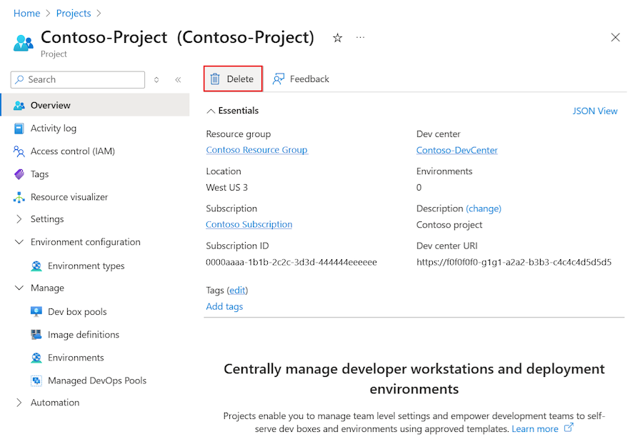 Screenshot of the overview page for a dev box project and the Delete option highlighted.