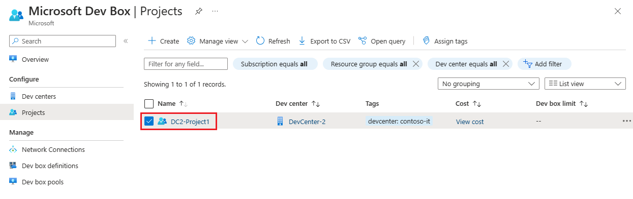 Screenshot of the Projects list showing projects grid and search results in the Azure portal.