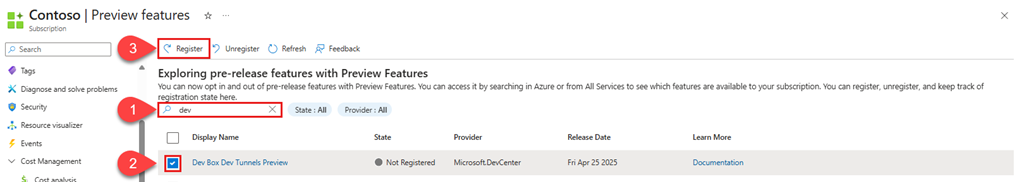 Screenshot of the Azure portal Preview features page with the 'Dev Box Dev Tunnels' entry selected and the Register button visible.