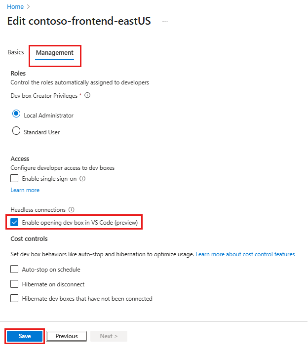 Screenshot of the Dev box pool Management tab in the Azure portal with the 'Enable opening dev box in VS Code' option highlighted.