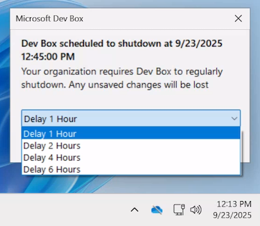 Screenshot showing the shutdown notification and delay options in the dropdown list.