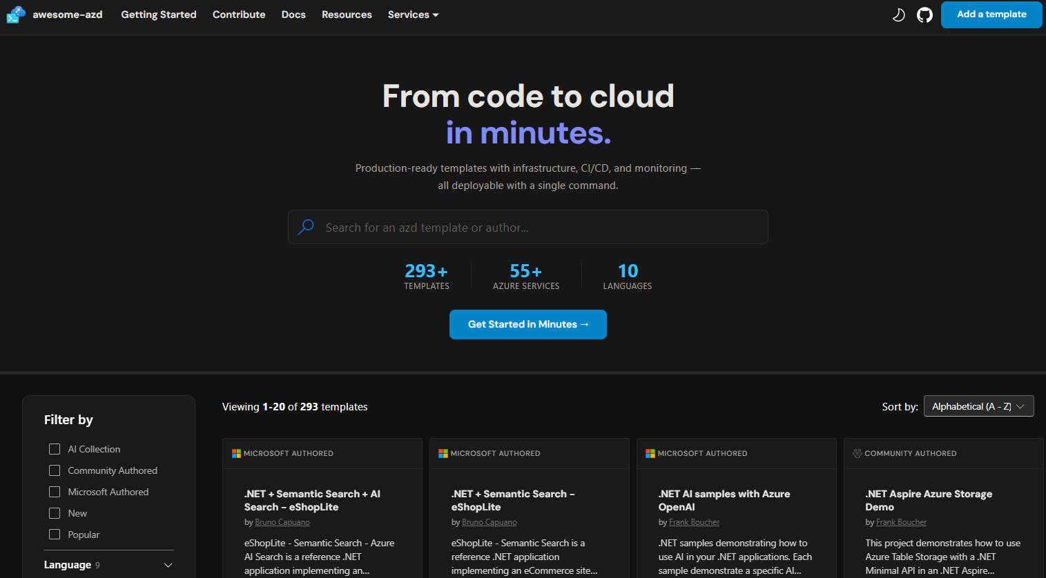 A screenshot showing the home page of the Awesome AZD template gallery.