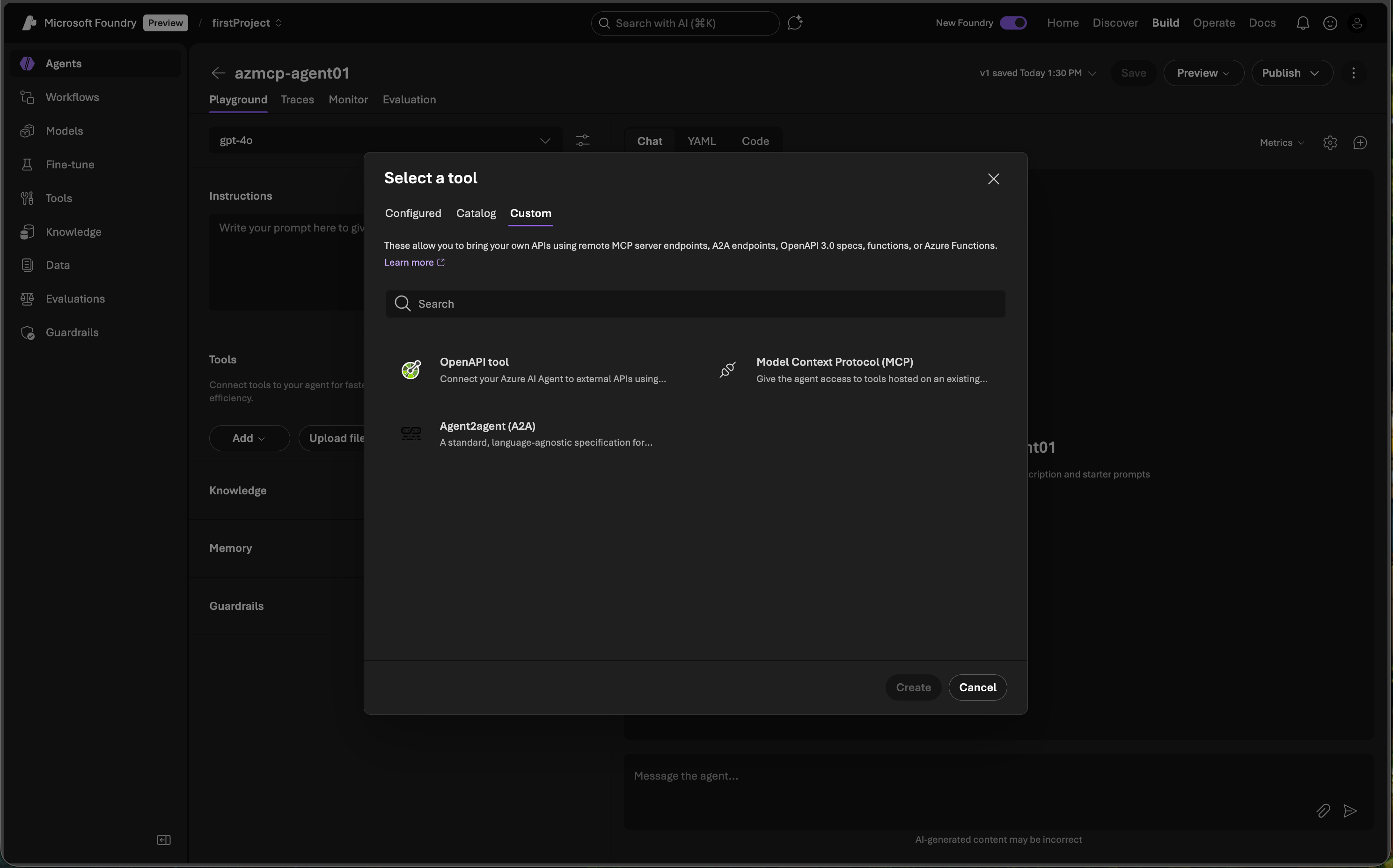 Screenshot of the Create agent page with Model Context Protocol selected to create an MCP connection.