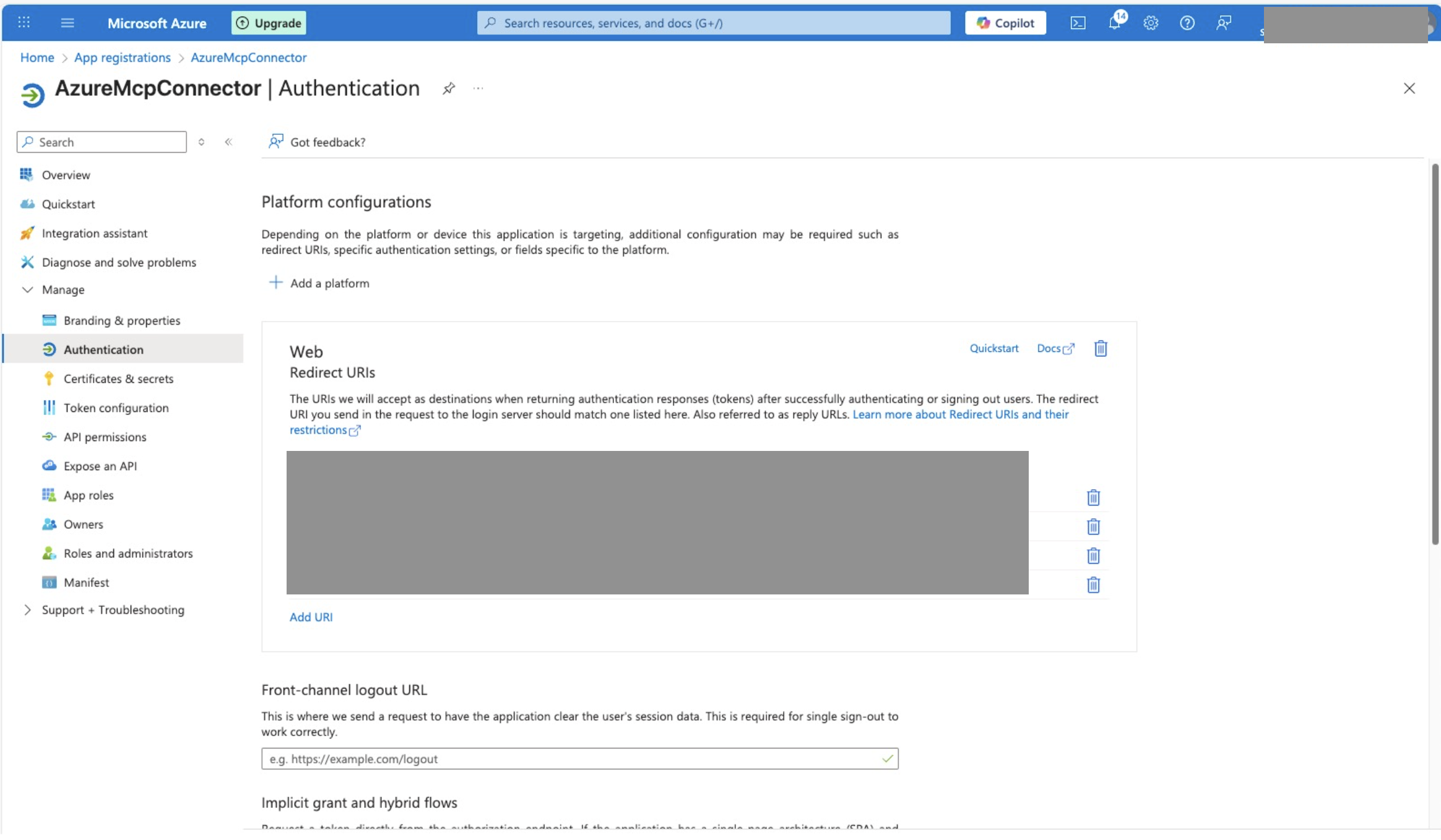 Screenshot of Azure portal app registration showing Web platform redirect URI entry being added for the custom connector authentication flow.
