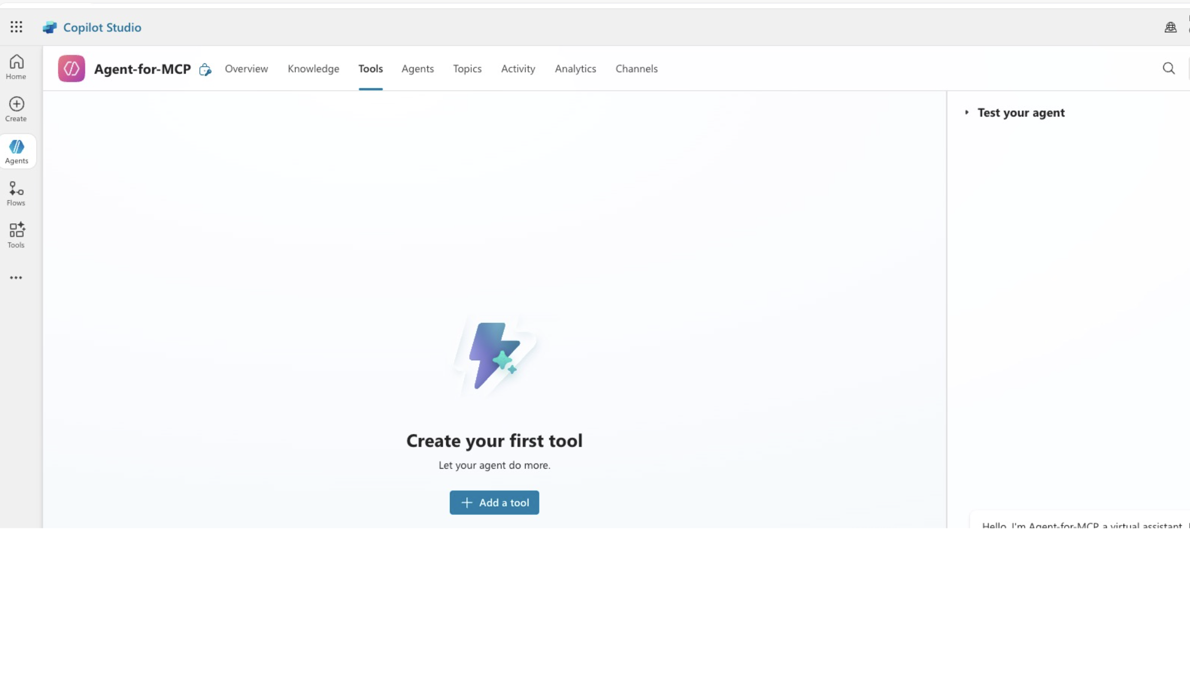 Screenshot of Copilot Studio agent Tools tab listing added custom connector and retrieved MCP tool list beneath it.