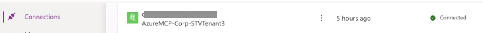 Screenshot of Test tab in custom connector showing successful connection status after user signs in with intended account.