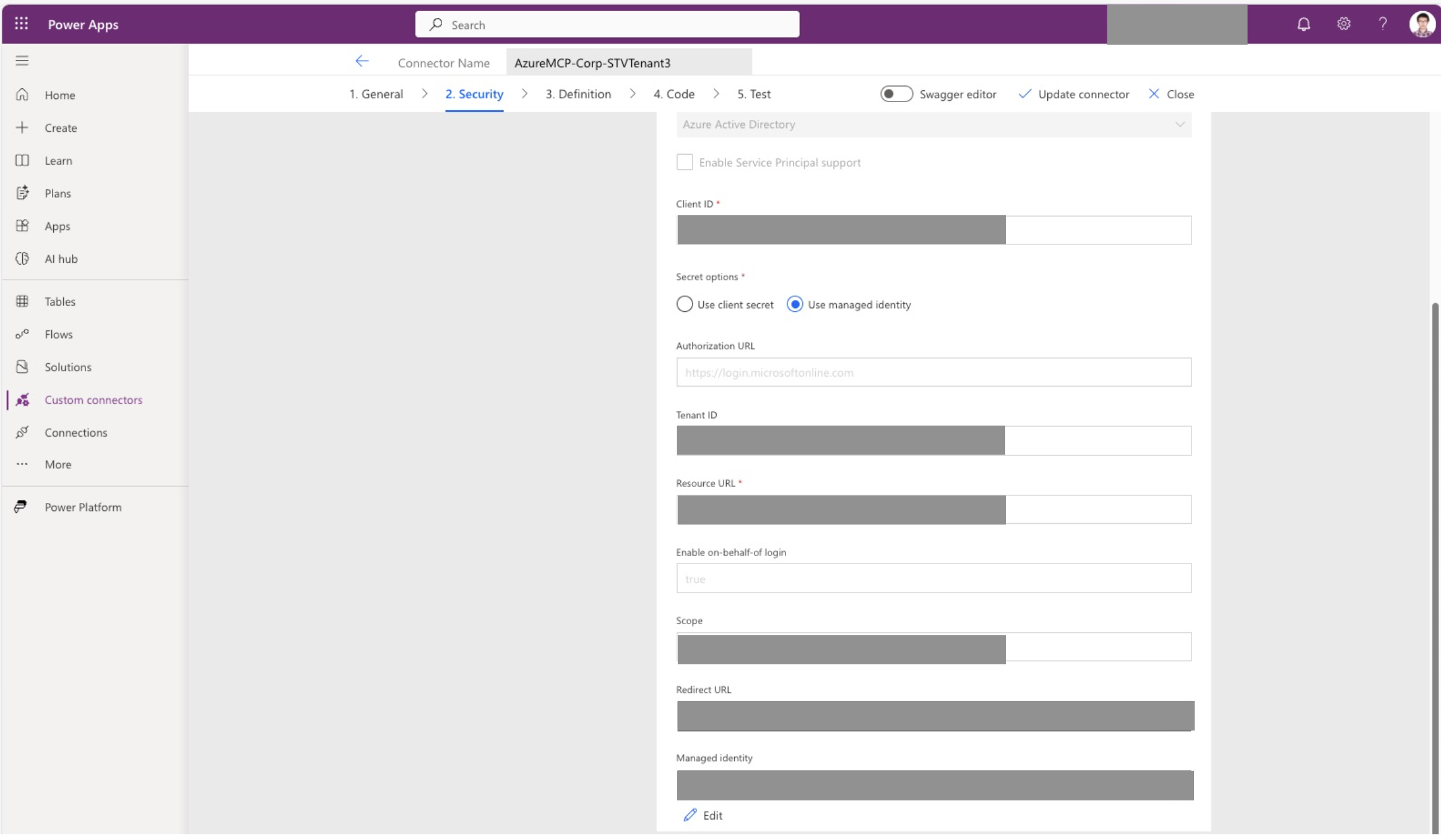 Screenshot of Security step showing OAuth 2.0 with Azure Active Directory, client ID, secret option, tenant ID, resource URL, scope, and on-behalf-of login enabled.