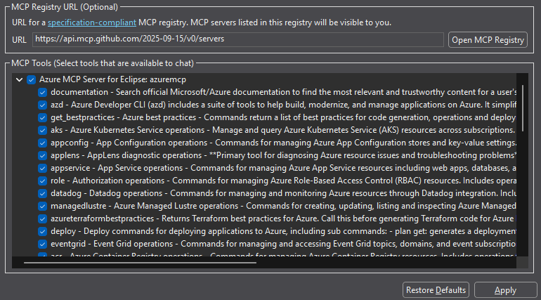 Screenshot of MCP Tools section showing Azure MCP Server for Eclipse listed.