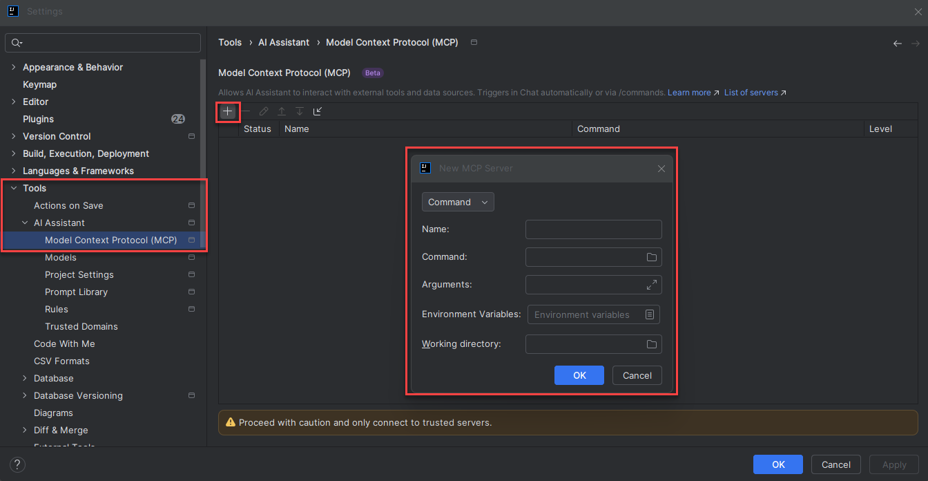 A screenshot showing how to configure an MCP Server in IntelliJ.