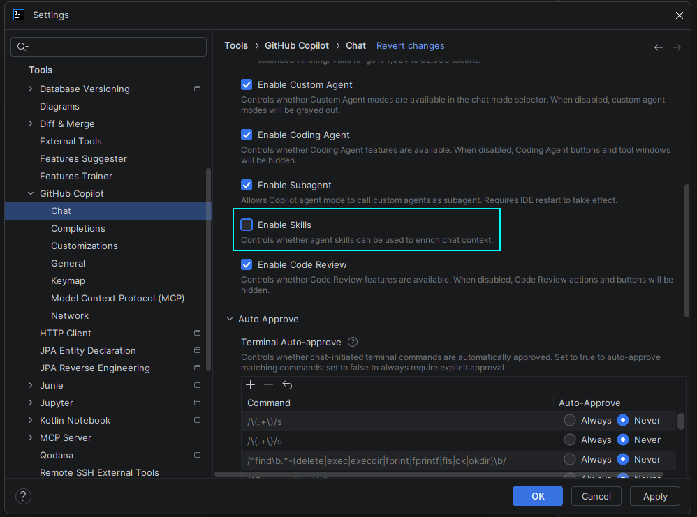 A screenshot showing how to enable skills in IntelliJ IDEA GitHub Copilot settings.
