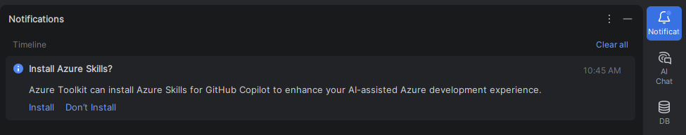 A screenshot showing the Azure Skills install notification in IntelliJ IDEA.